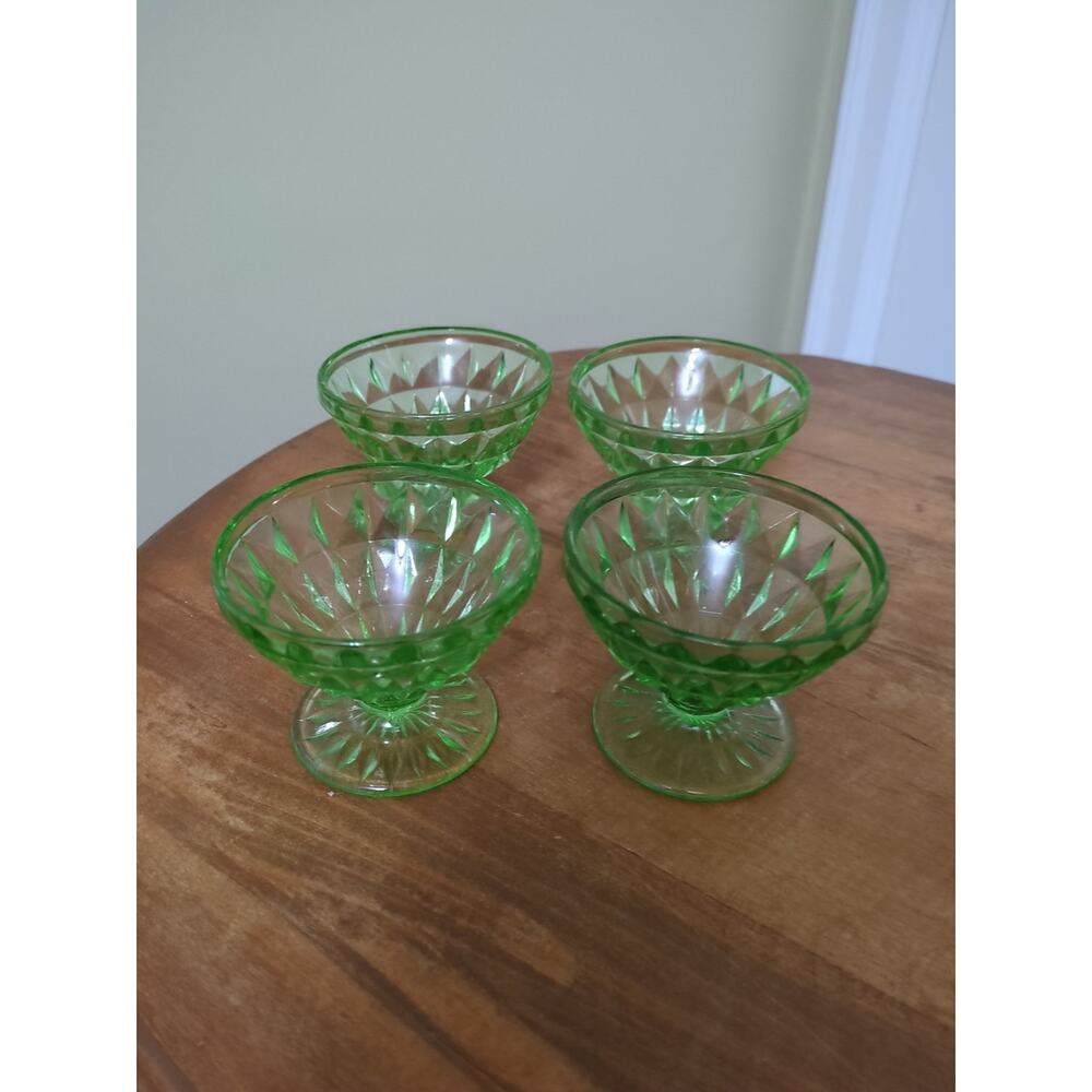 4 Jeanette Windsor Green Uranium Glass Footed Sherbets